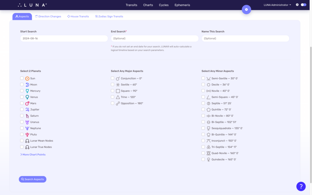 Screen capture of the Aspects search form.