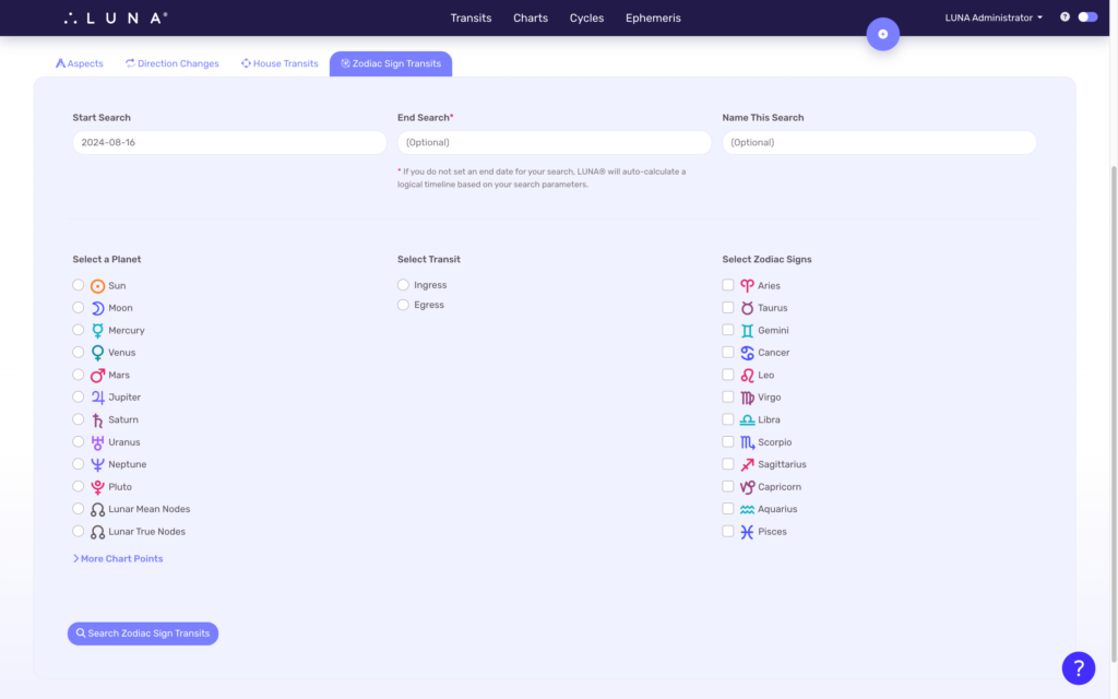 Screen capture of the Zodiac Sign Transits search form.