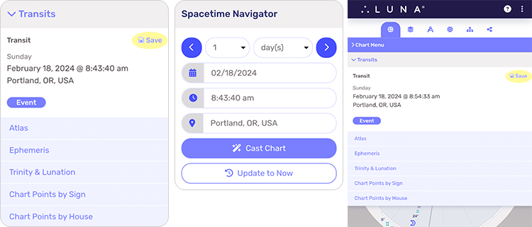 Composite image of the chart Info Panel in desktop and mobile view alongside the Spacetime Navigator.