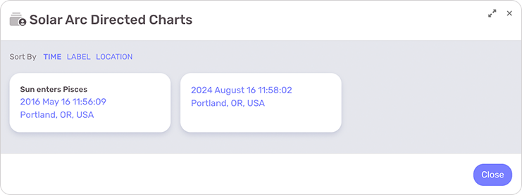 Popup window showing saved Solar Arc Directed charts.