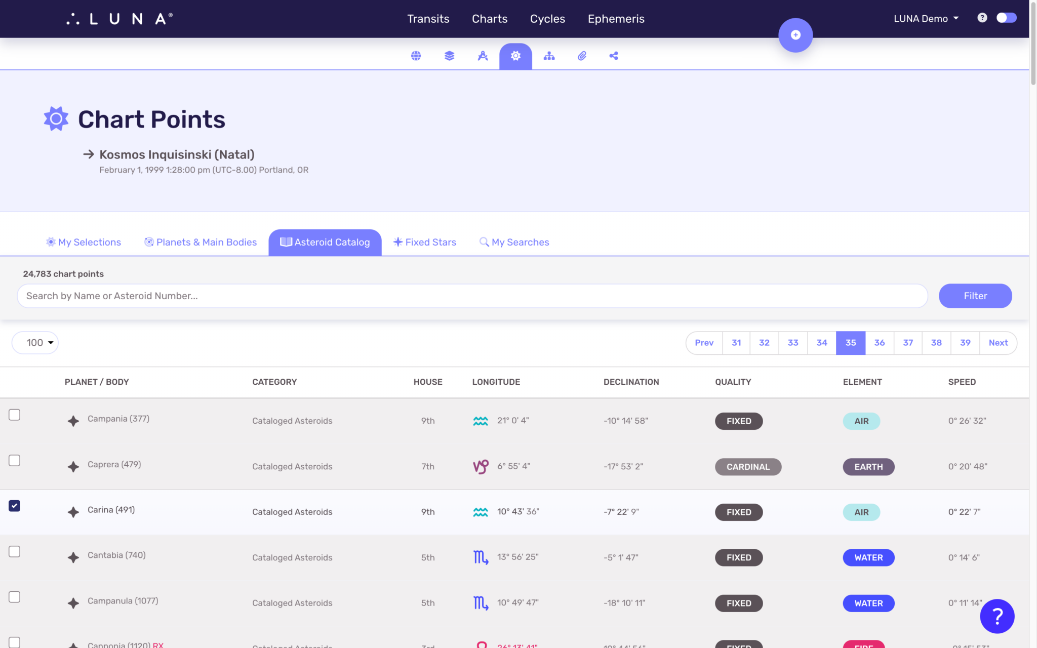 Asteroid Catalog DataSheet LUNA Support Center.