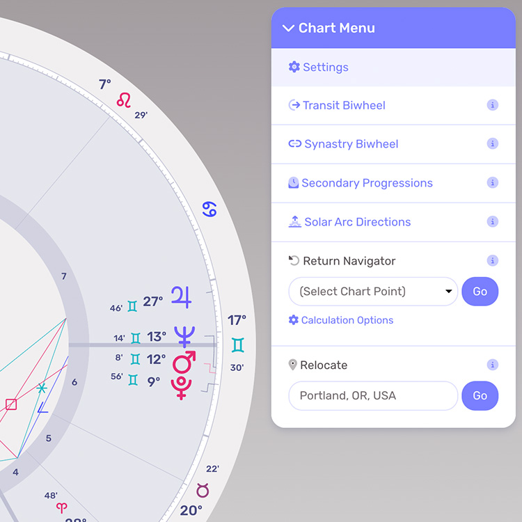 Desktop version of the Chart Menu for a radix chart.