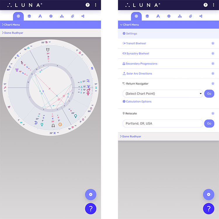 Mobile version of the Chart Menu for a radix chart.