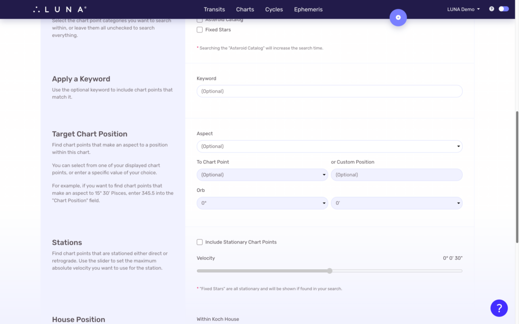 Middle portion of the Advanced Chart Point Search form.